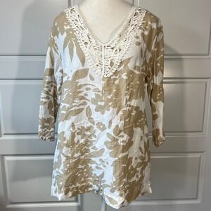 Premise Floral Print Tunic Top‎ Crochet V-Neck Long Sleeve Boho Medium